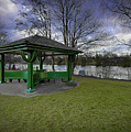 Valentine Park covered seat and lake